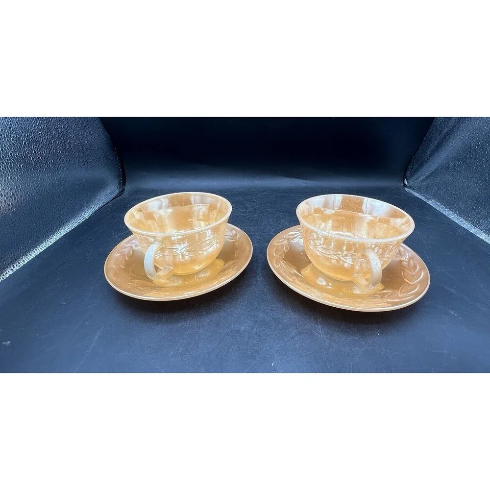 Vintage Fire King Peach Lustre Laurel Leaf 2 Cups 2 Saucers Anchor Hocking